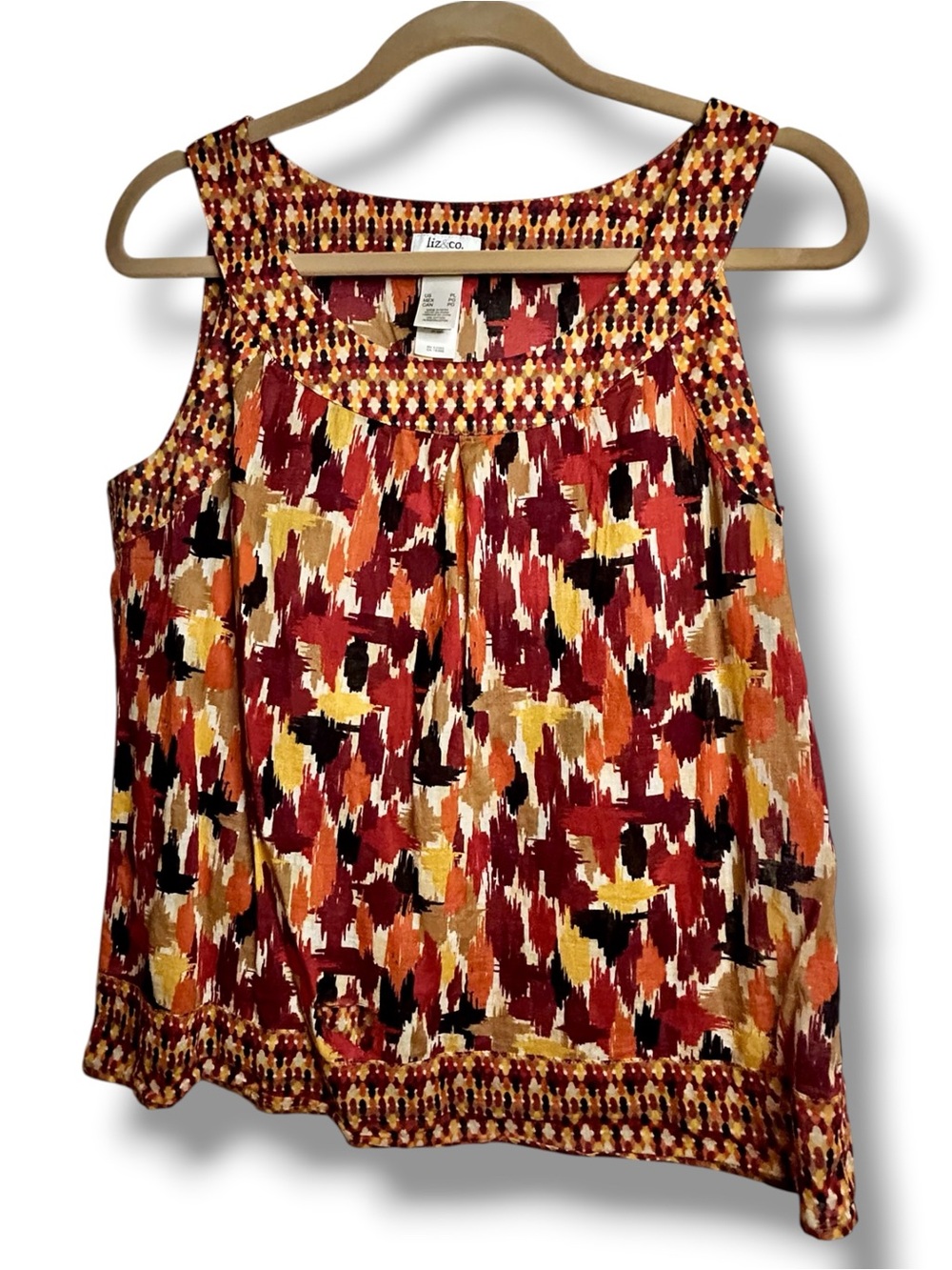 liz & co. Multicolor Ikat Printed Sleeveless Top Red Orange Yellow Black Boho PL